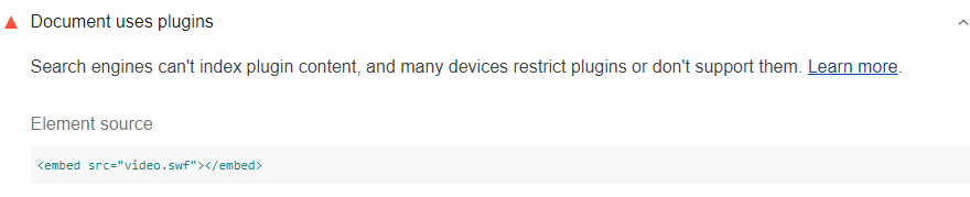 Lighthouse audit showing document uses plugins