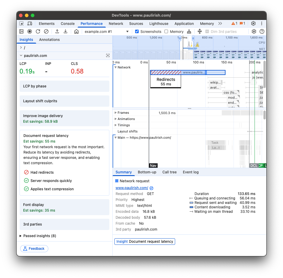 DevTools сообщает, что задержку документа можно сократить, устранив перенаправления.