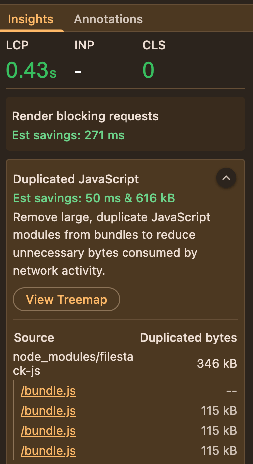 DevTools 성능 패널 뷰 트리를 보여주는 버튼