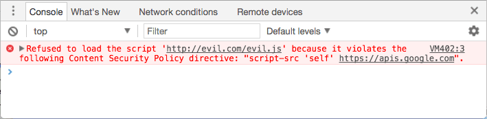 कंसोल में गड़बड़ी: स्क्रिप्ट &#39;http://evil.example.com/evil.js&#39; को लोड करने से मना किया गया क्योंकि यह कॉन्टेंट की सुरक्षा के बारे में बनी इस नीति का उल्लंघन करता है: script-src &#39;self&#39; https://apis.google.com