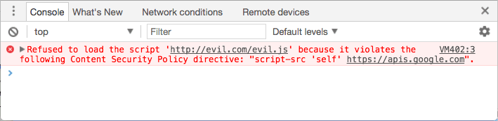 ข้อผิดพลาดของคอนโซล: ปฏิเสธการโหลดสคริปต์ &quot;http://evil.example.com/evil.js&quot; เพราะละเมิดคำสั่งของนโยบายรักษาความปลอดภัยเนื้อหา: Script-src &#39;self&#39; https://apis.google.com