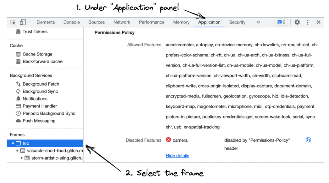 Integração do Chrome DevTools com a política de permissões