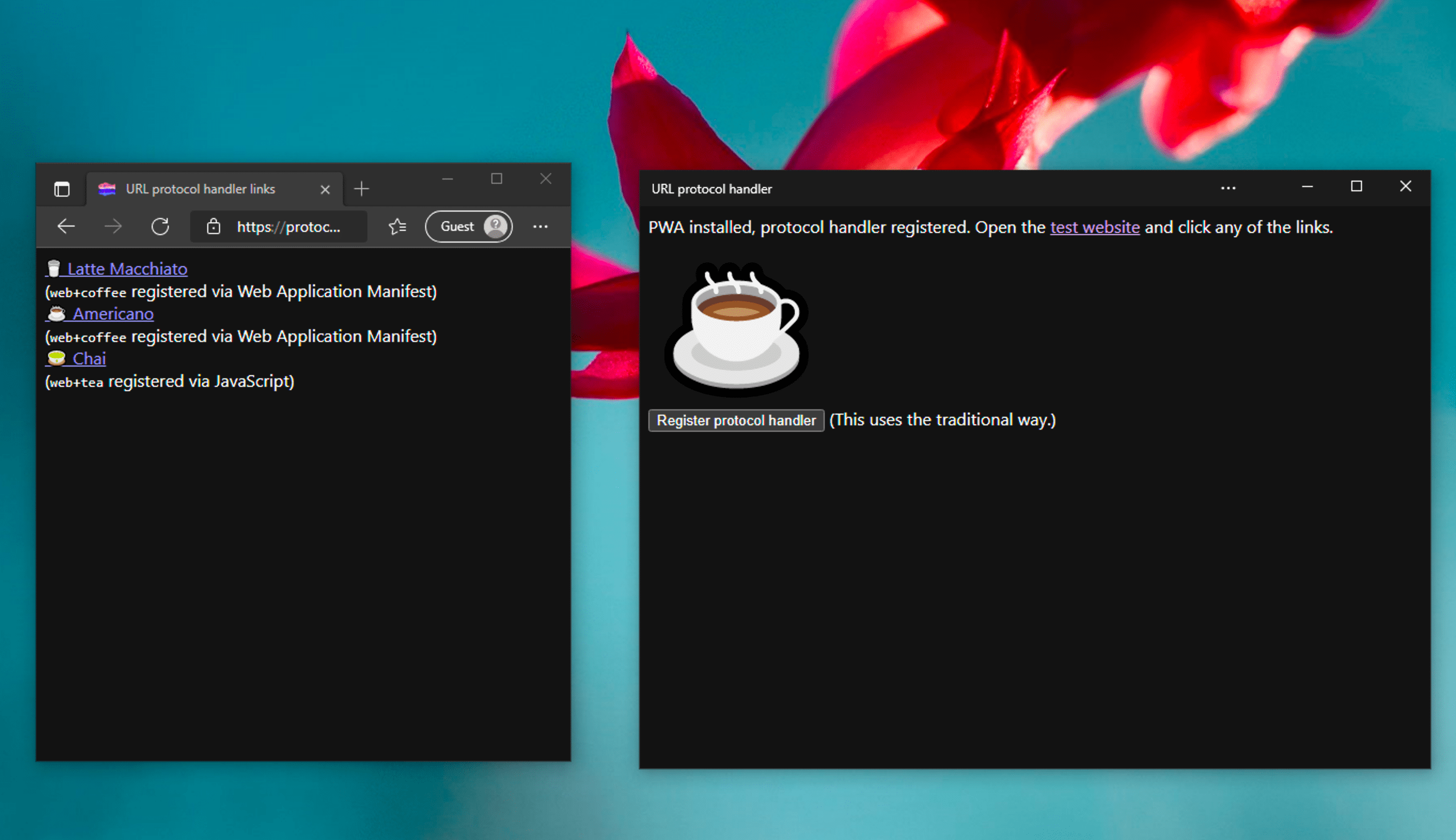 URL protocol handler demo with browser tab with links on the left, and standalone PWA window on the right.