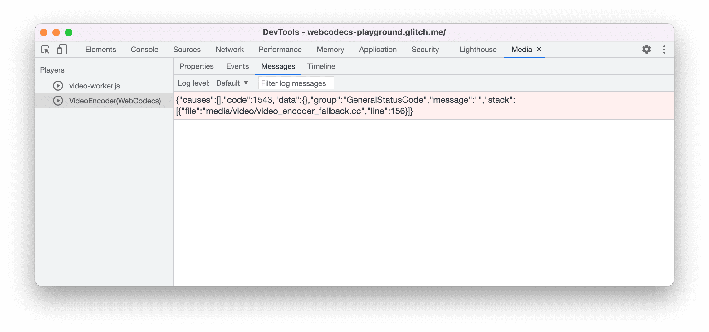 Screenshot des Bereichs „Media Panel“ für das Debugging von WebCodecs