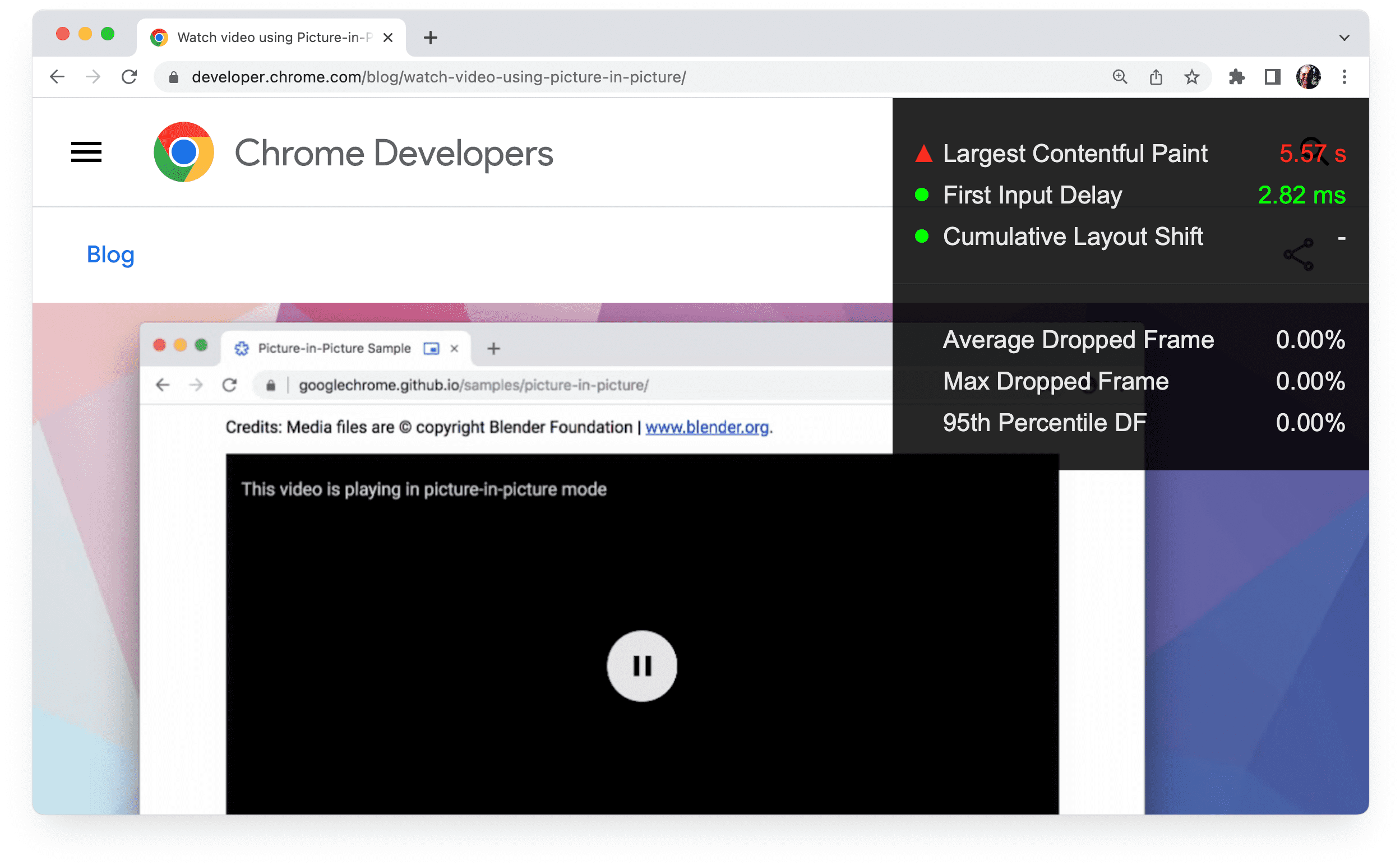 Chrome-pagina met heads-up display geactiveerd.