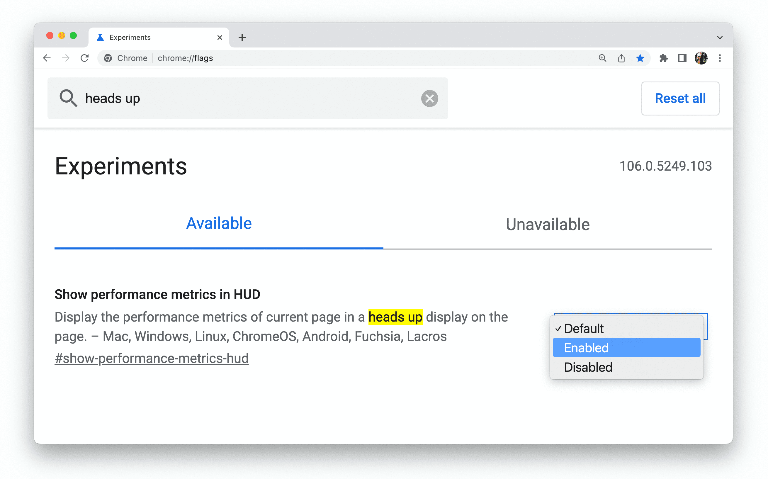 启用 HUD 标志的 chrome://flags 页面。