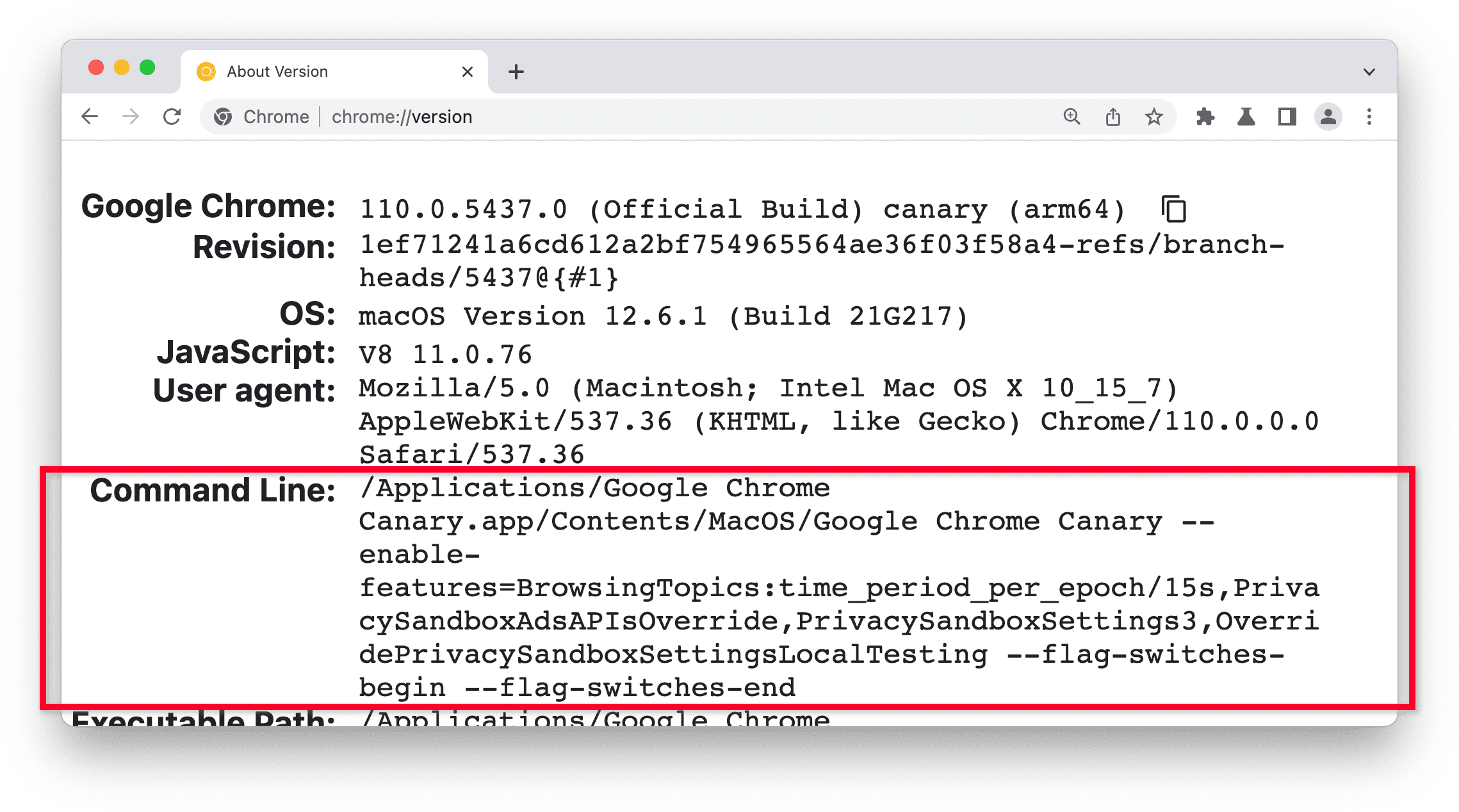 Chrome version page
in Chrome Canary, Command Line section highlighted.