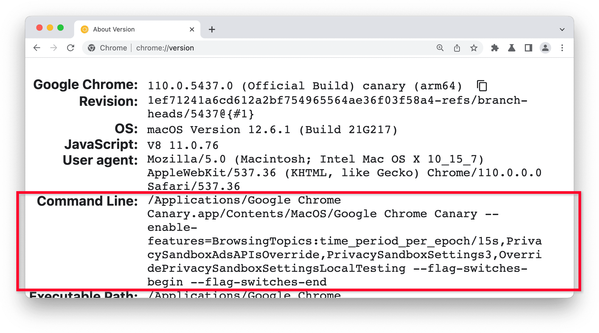 chrome://version-pagina in Chrome Canary, opdrachtregelgedeelte gemarkeerd.