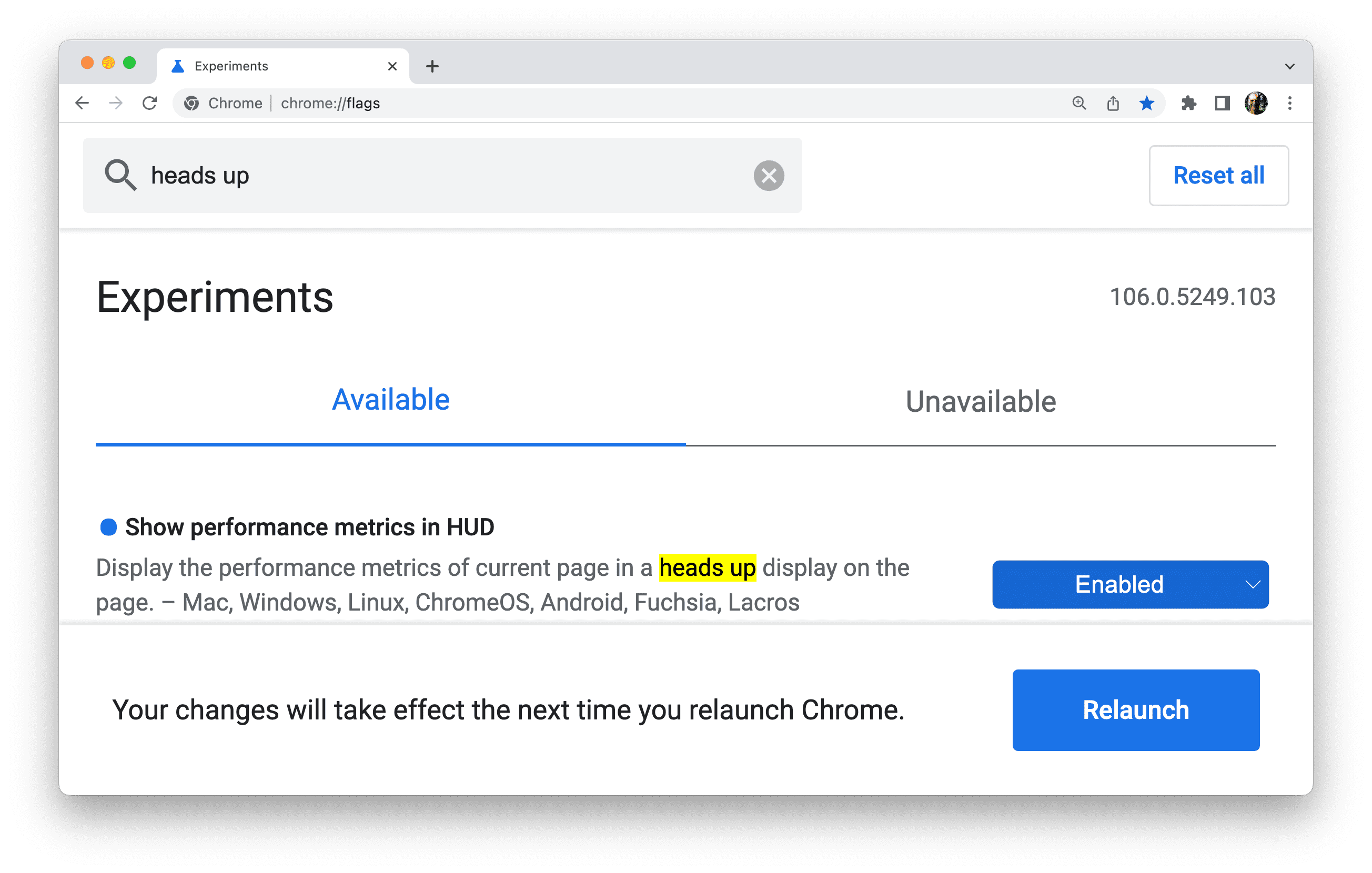 אחרי שמעדכנים את הדגל, Chrome ינחה אתכם להפעיל מחדש את הדפדפן.