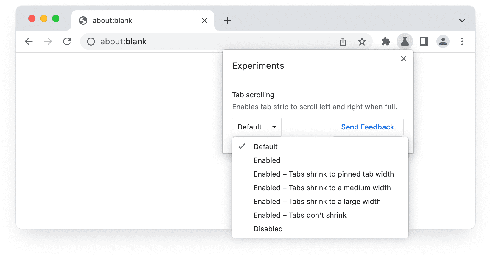 Benutzeroberfläche für Tests in Chrome Beta mit Optionen zum Scrollen von Tabs