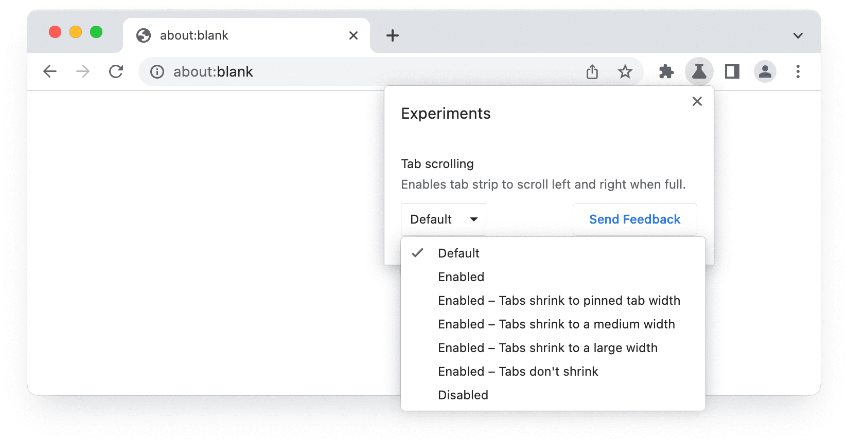 Captura de pantalla de la IU de Experiments en Chrome Beta que muestra las opciones de desplazamiento de pestañas.