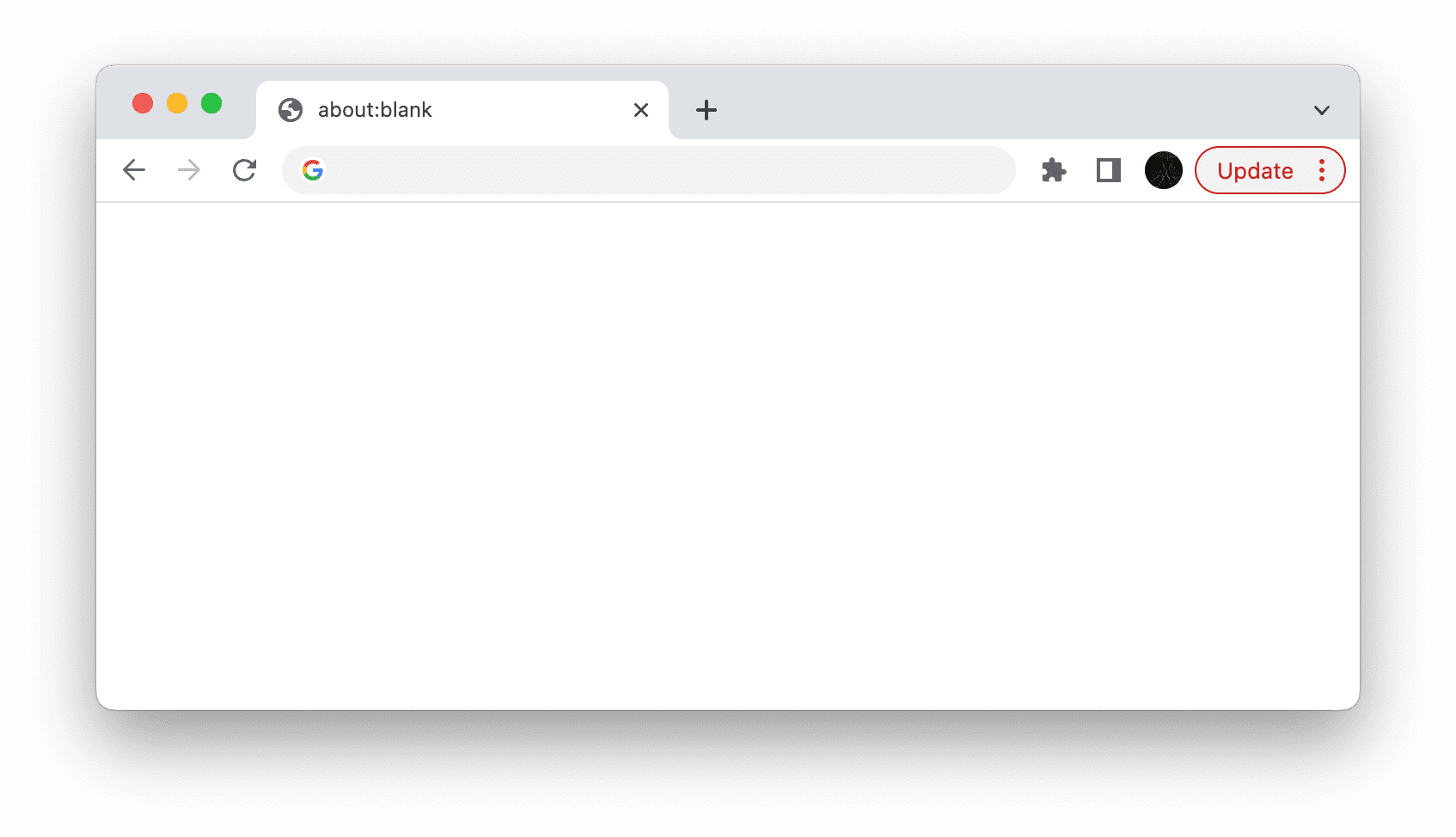 about:blank ใน Chrome พร้อมปุ่มอัปเดตสีแดง