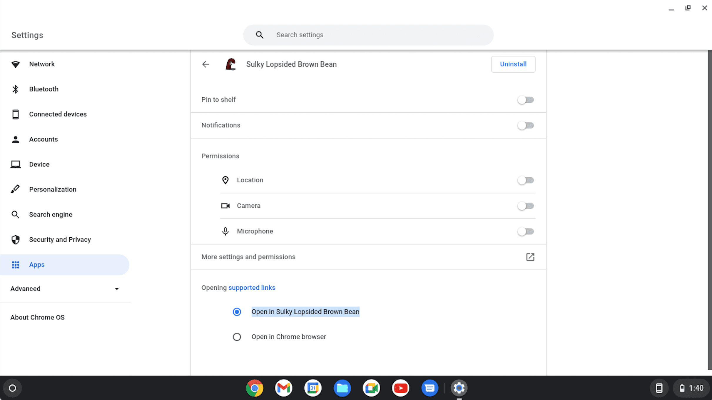 Esempio di pagina delle impostazioni di un&#39;app installata.