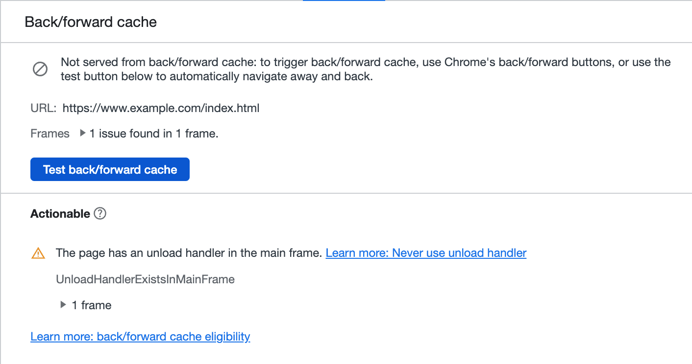 Alat pengujian Back-forward cache Chrome DevTools yang menunjukkan pengendali penghapus muatan digunakan