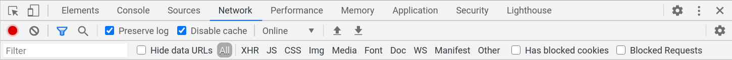 El panel Network en las Herramientas para desarrolladores de Chrome muestra la actividad de red registrada con la opción "Disable cache" habilitada.