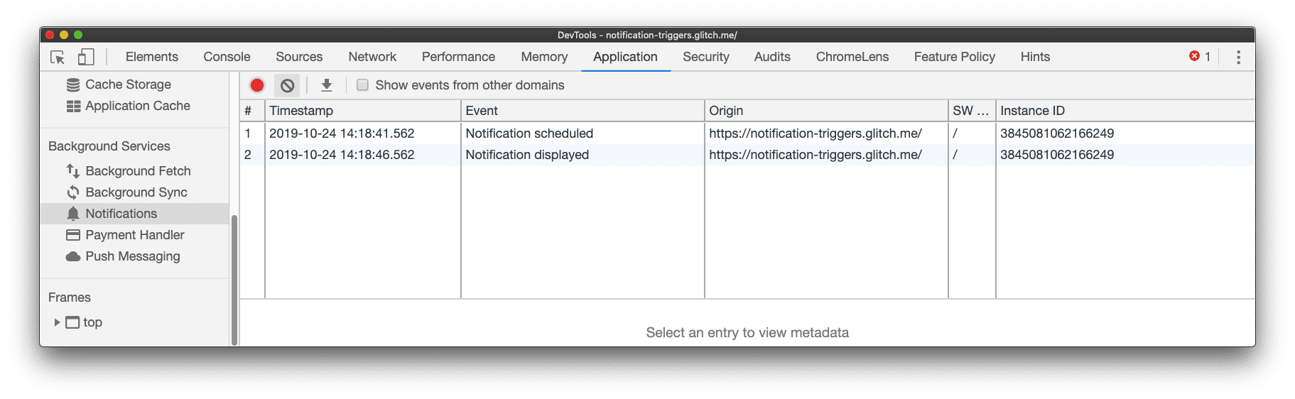 Un événement de notification affiché a été enregistré dans le volet &quot;Notifications&quot; de Chrome DevTools.