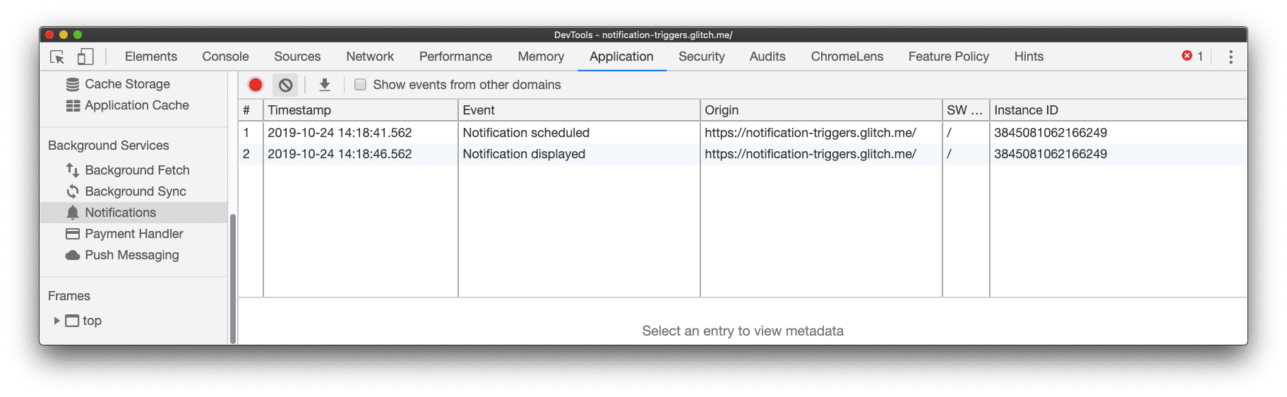 在 Chrome 开发者工具的“Notifications”窗格中记录了一个显示的通知事件。