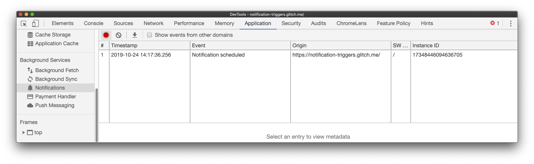 Peristiwa notifikasi terjadwal dicatat ke panel Notifikasi di Chrome DevTools, yang terletak di panel Aplikasi.