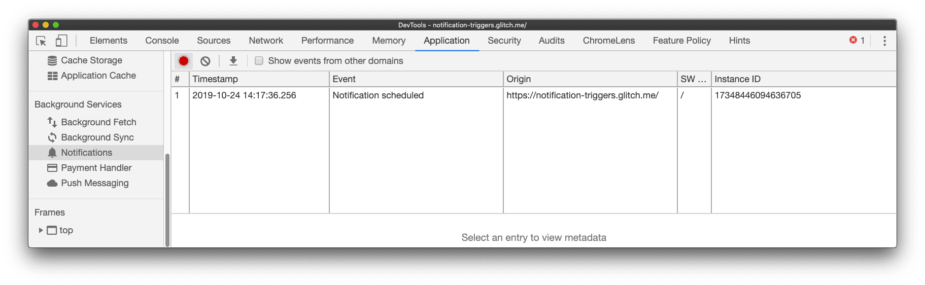Peristiwa notifikasi terjadwal dicatat di panel Notifications dari Chrome DevTools, yang terletak di panel Application.