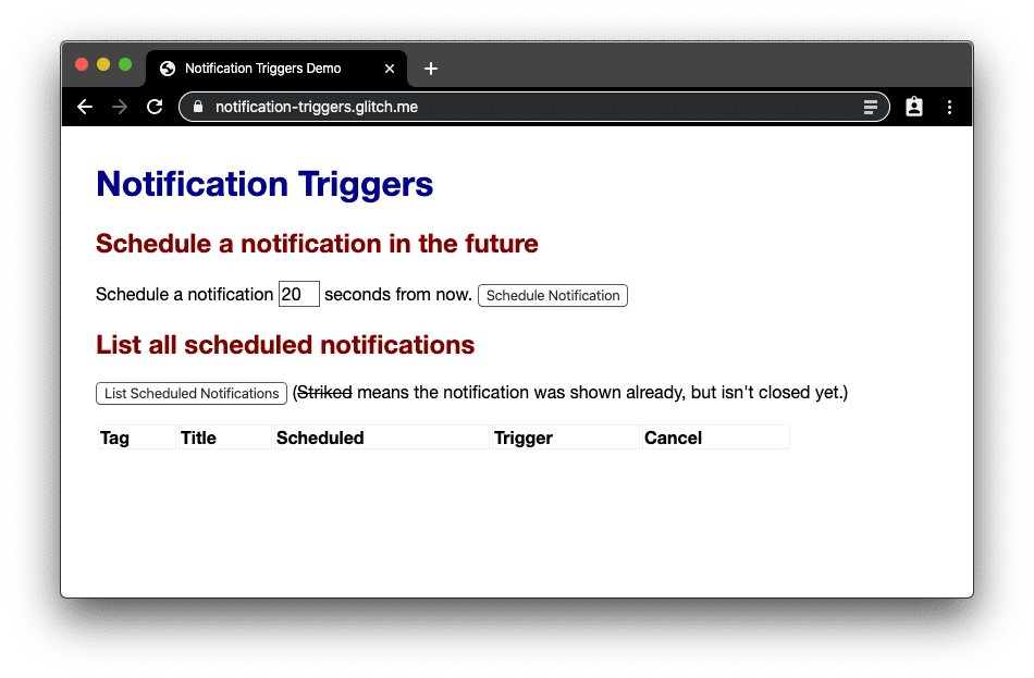 Capture d&#39;écran de l&#39;application Web de démonstration des déclencheurs de notifications.