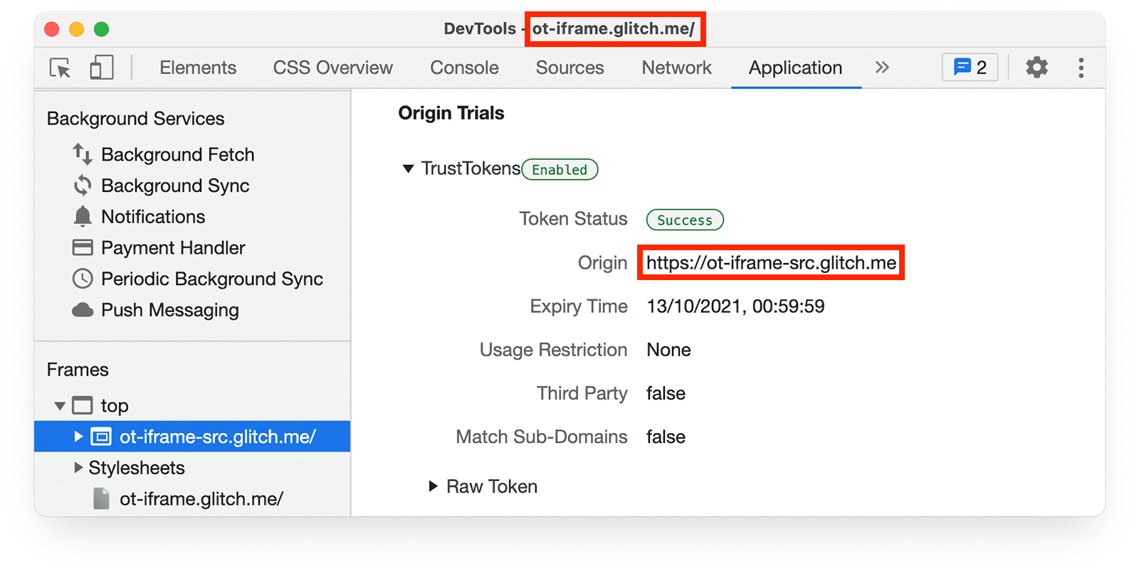 Narzędzia deweloperskie w Chrome 
  Panel aplikacji z tokenami testowania origin dla strony w elemencie iframe.