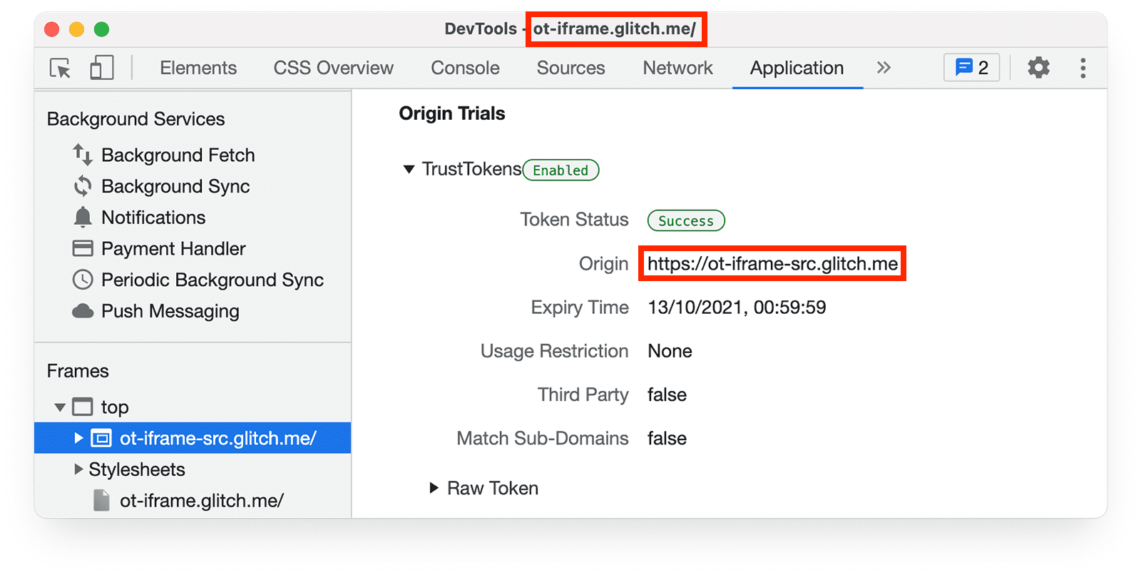 Bảng điều khiển ứng dụng Công cụ của Chrome cho nhà phát triển, hiển thị các mã thông báo bản dùng thử theo nguyên gốc cho trang trong iframe.