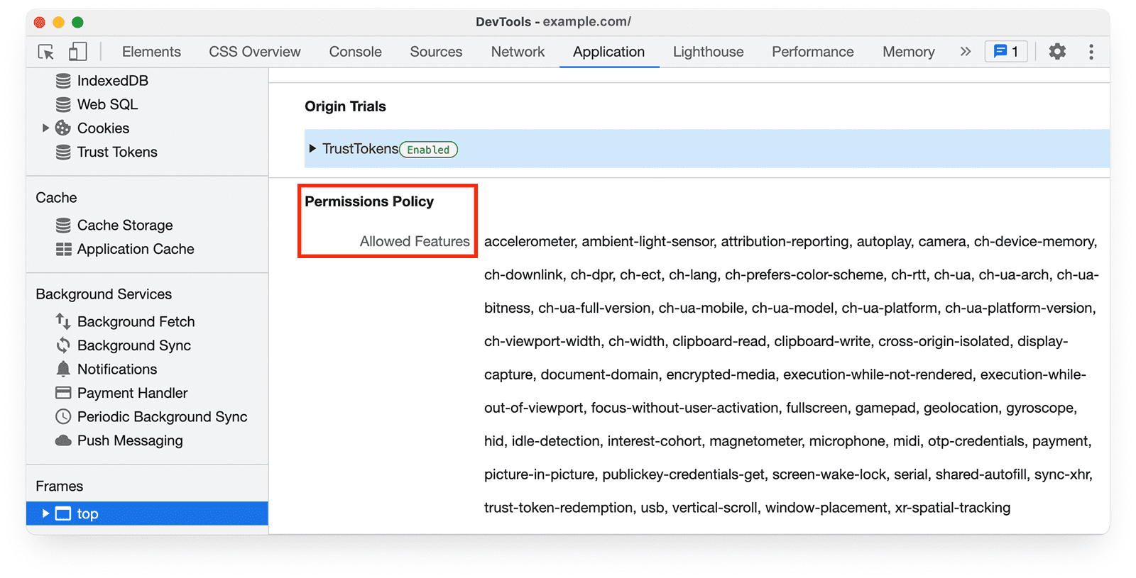 Chrome DevTools 
  ऐप्लिकेशन पैनल, जिसमें अनुमतियों की नीति को अनुमति देने की सुविधा दिख रही है.