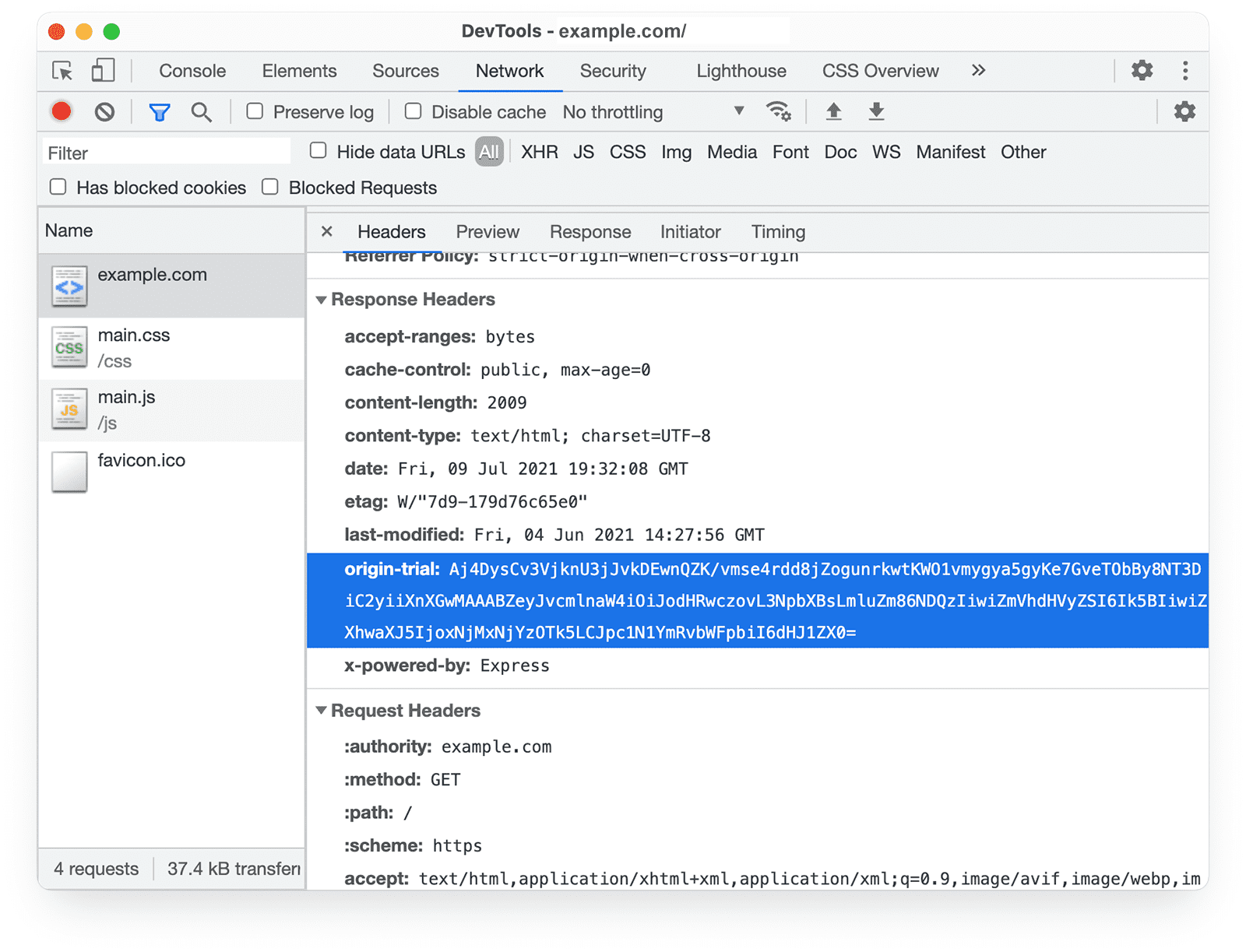 Painel Network do Chrome DevTools
mostrando o cabeçalho de resposta dos testes de origem.