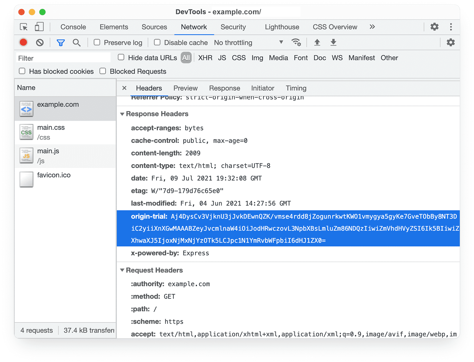 Chrome DevTools 
Painel de rede mostrando o cabeçalho de resposta dos testes de origem.