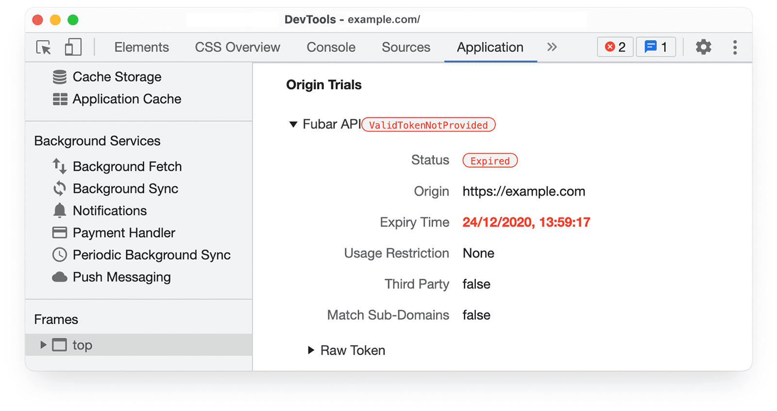 Chrome DevTools の [Application] パネルに表示されるオリジン トライアル情報。[ValidTokenNotProvided] と [Status Expired] が表示されています