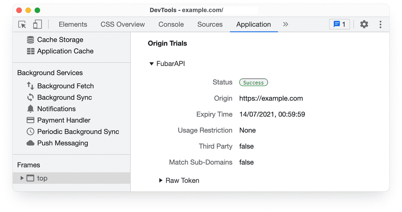 Informazioni sulle prove dell&#39;origine di Chrome DevTools nel riquadro Applicazione.