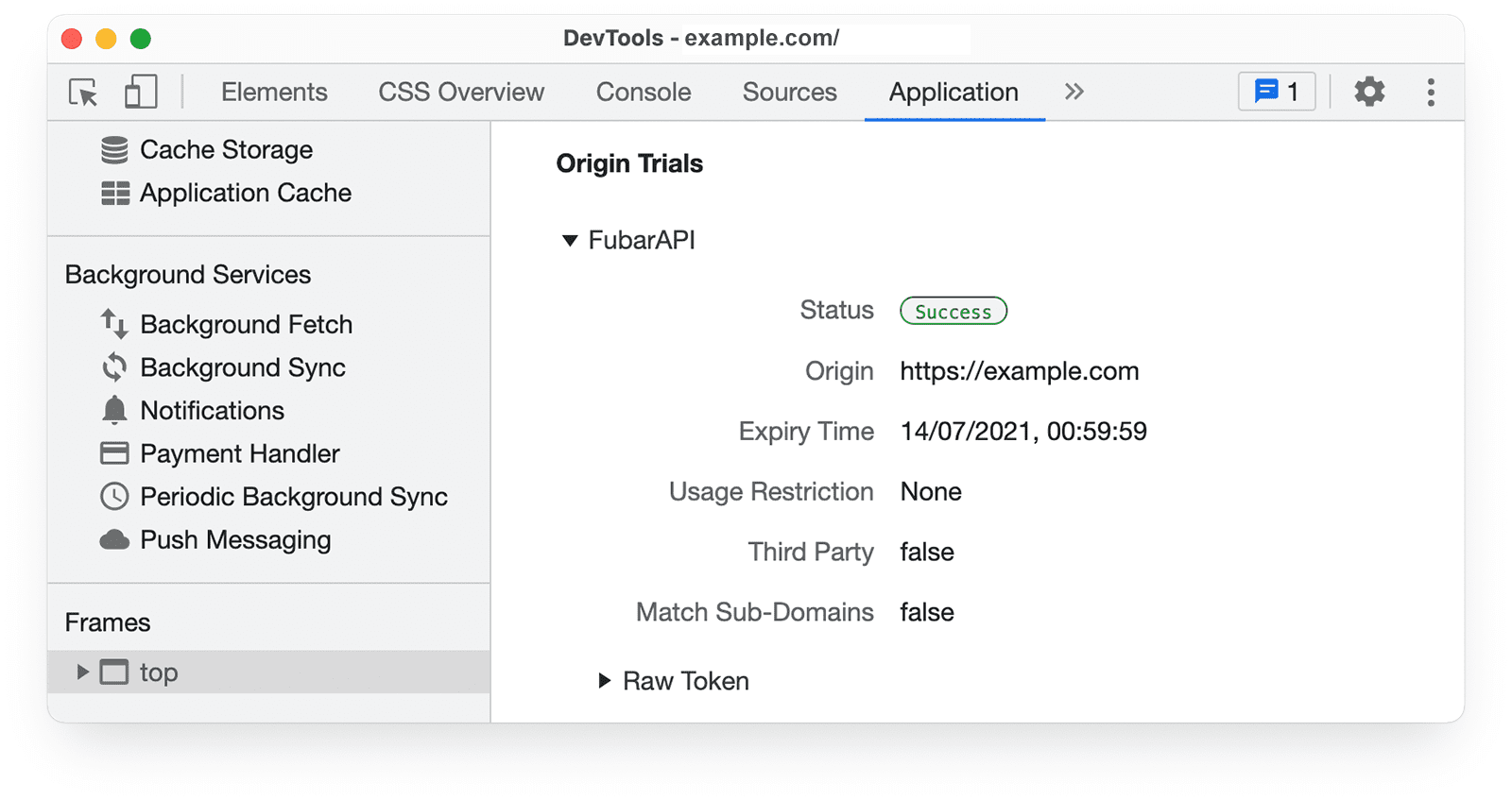 Chrome DevTools 
informações de testes de origem no painel &quot;Aplicativo&quot;.