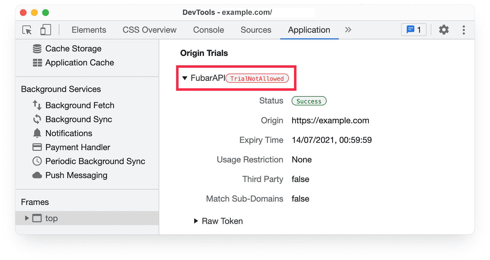 Chrome DevTools 的“Application”面板中显示 TrialNotAllowed 警告的源试用信息。