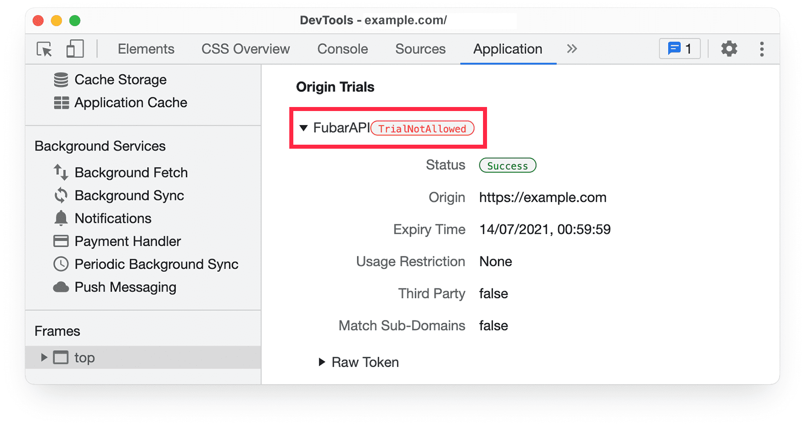 Informações sobre os testes de origem do Chrome DevTools no painel &quot;Application&quot; mostrando o aviso TrialNotAllowed.