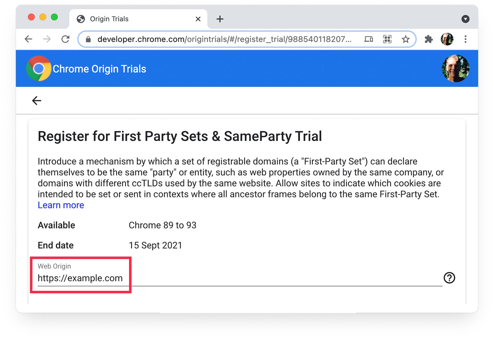 Chrome Origin Trials page showing https://example.com selected as Web Origin.