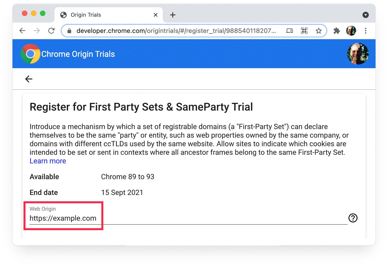 Chrome 來源試用頁面顯示已選取 https://example.com 做為「Web Origin」的頁面。