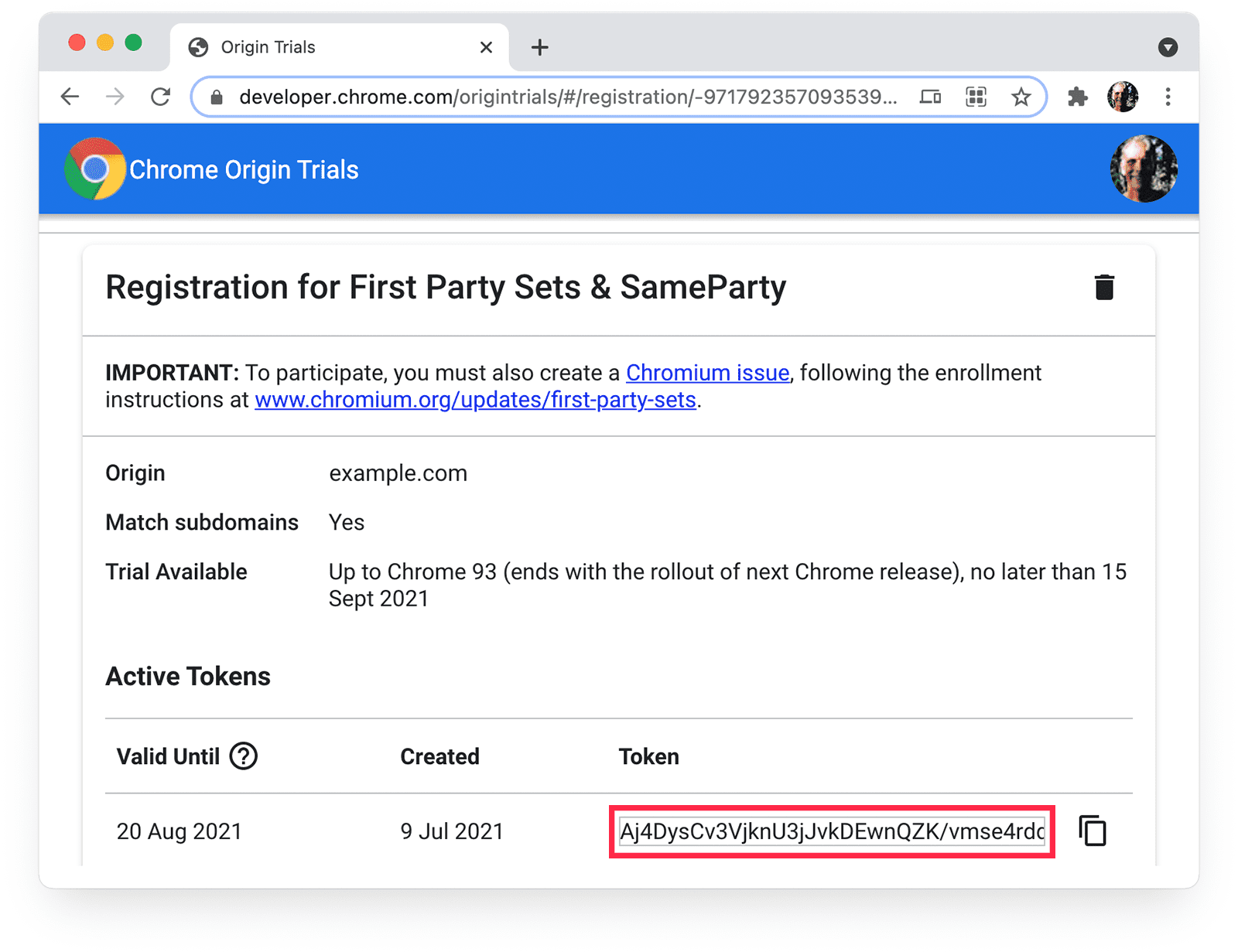 Chrome Origin Trials  page showing token value.