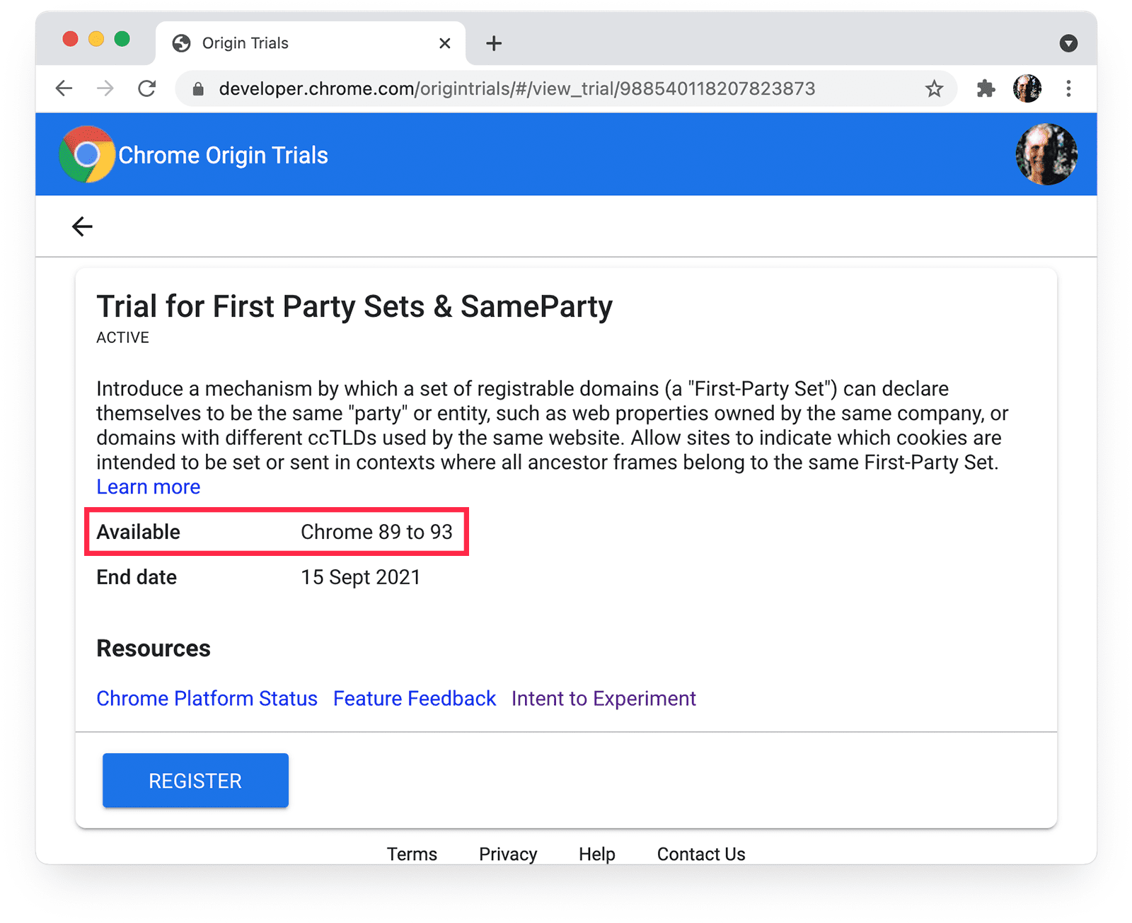 Chrome の可用性がハイライト表示されたファーストパーティ セットと SameParty の Chrome オリジン トライアル ページ