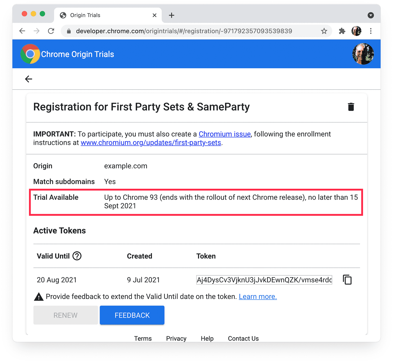 First-Party Sets ve SameParty için Chrome Origin Trials sayfası. Deneme sürümü kullanılabilir ayrıntıları vurgulanmıştır.