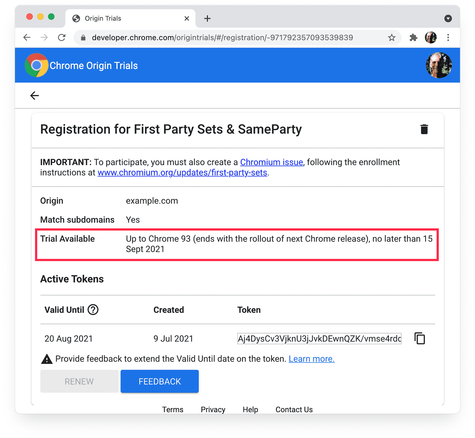 Chrome 源试用页面（其中突出显示了 First Party Set 和 SameParty 的“可试用试用机会”详细信息）。