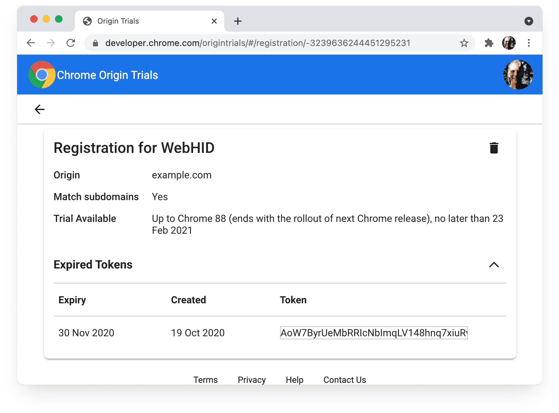 Chrome-Ursprungstests 
Seite „Meine Registrierungen“ mit abgelaufenen Tokens.