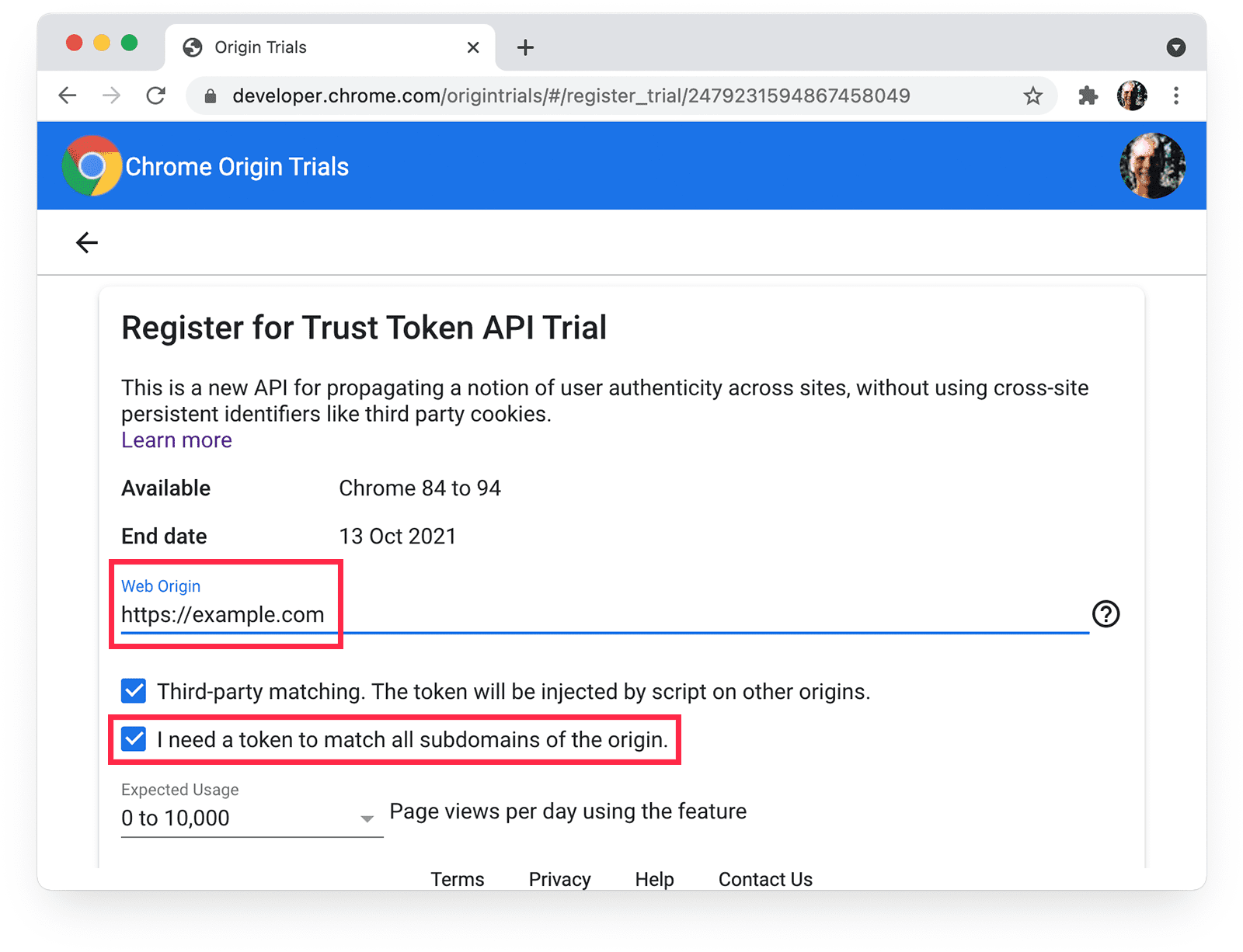 Página de registro de las pruebas de origen de Chrome que muestra que se seleccionó la coincidencia de subdominios