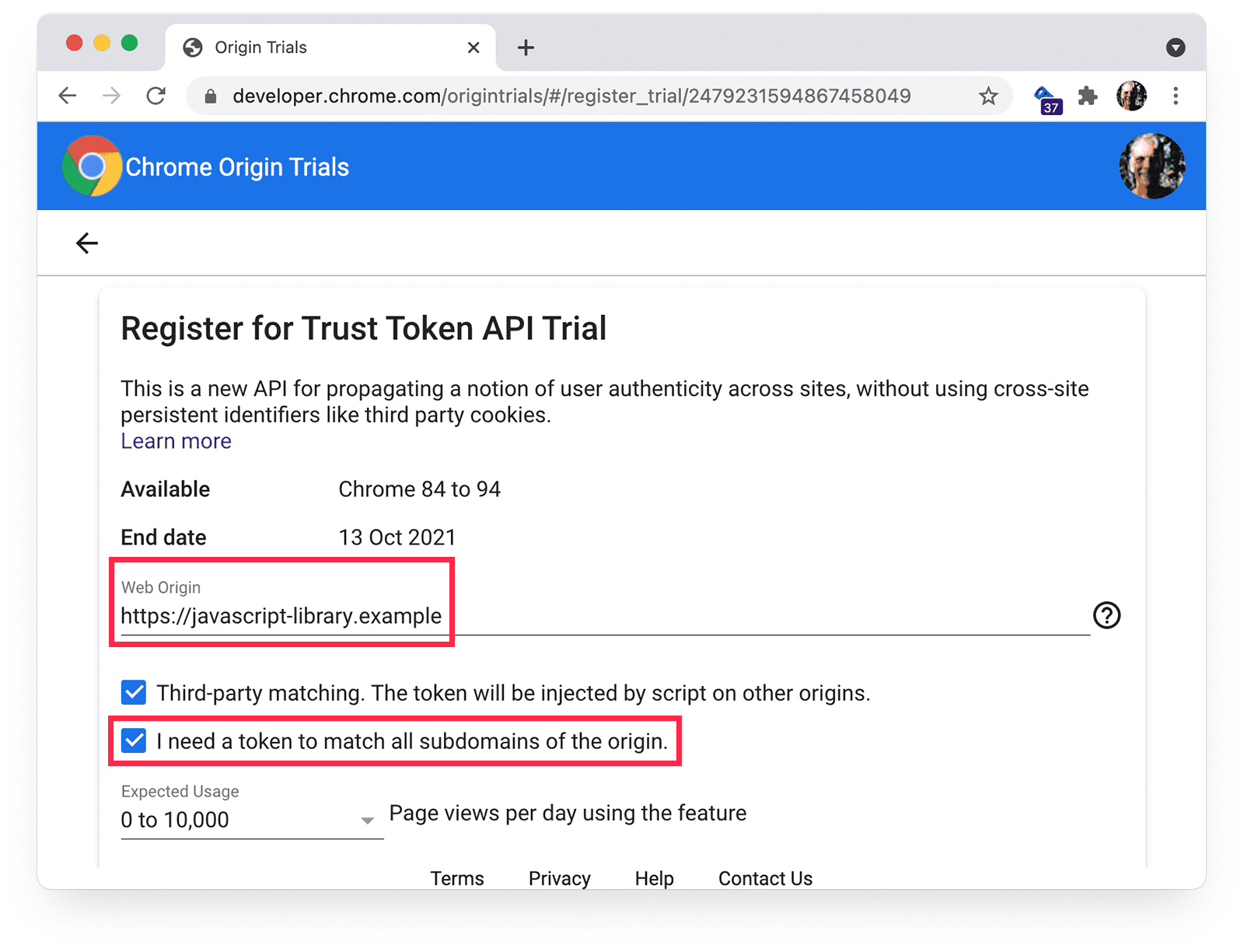 Uji coba origin Chrome 
halaman pendaftaran yang menampilkan pencocokan pihak ketiga dan pencocokan subdomain yang dipilih