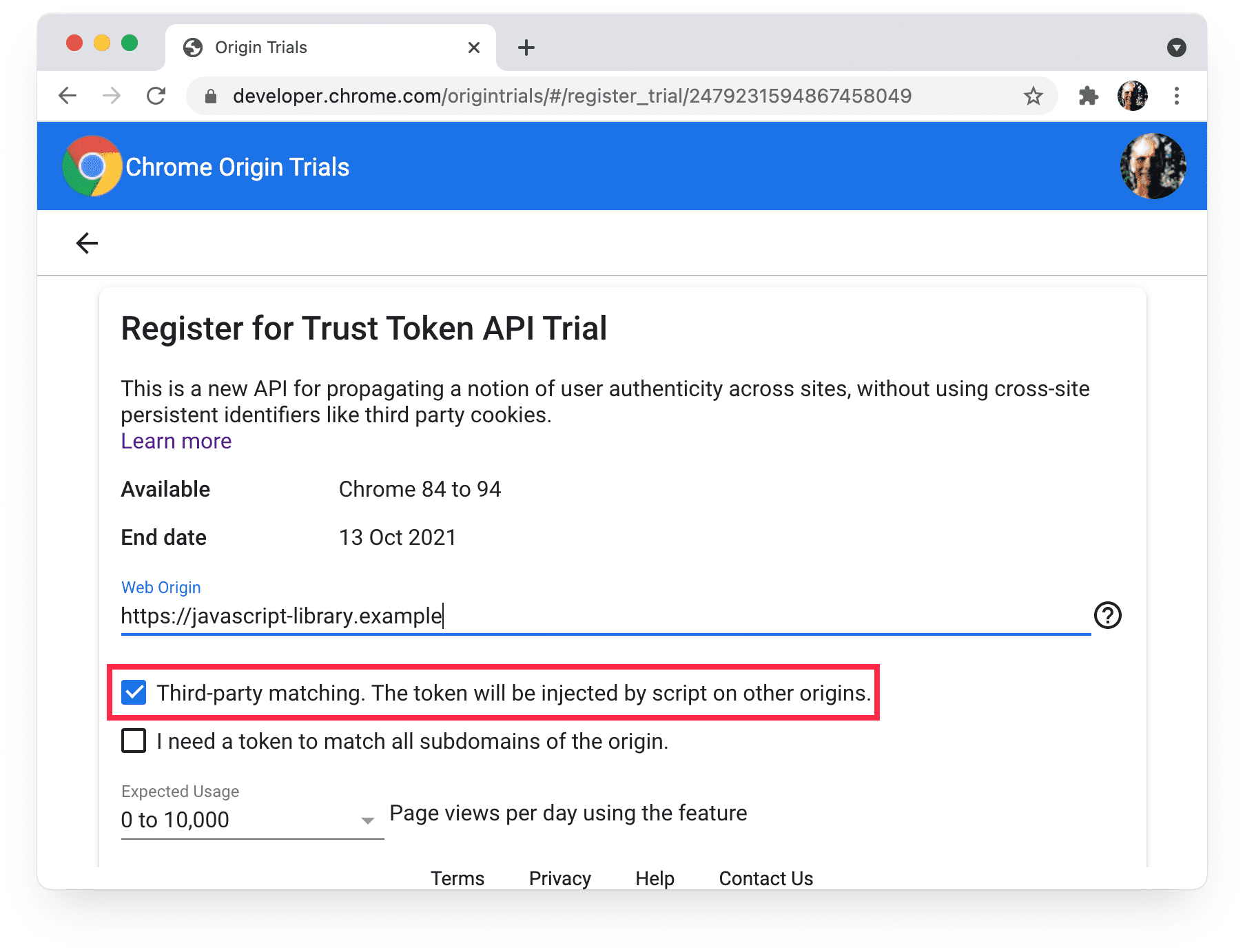 Testes de origem do Chrome 
página de registro mostrando a correspondência de terceiros selecionada.