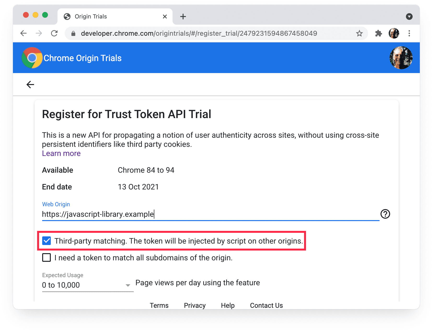 Chrome 來源試用 
顯示已選取第三方比對的註冊頁面。