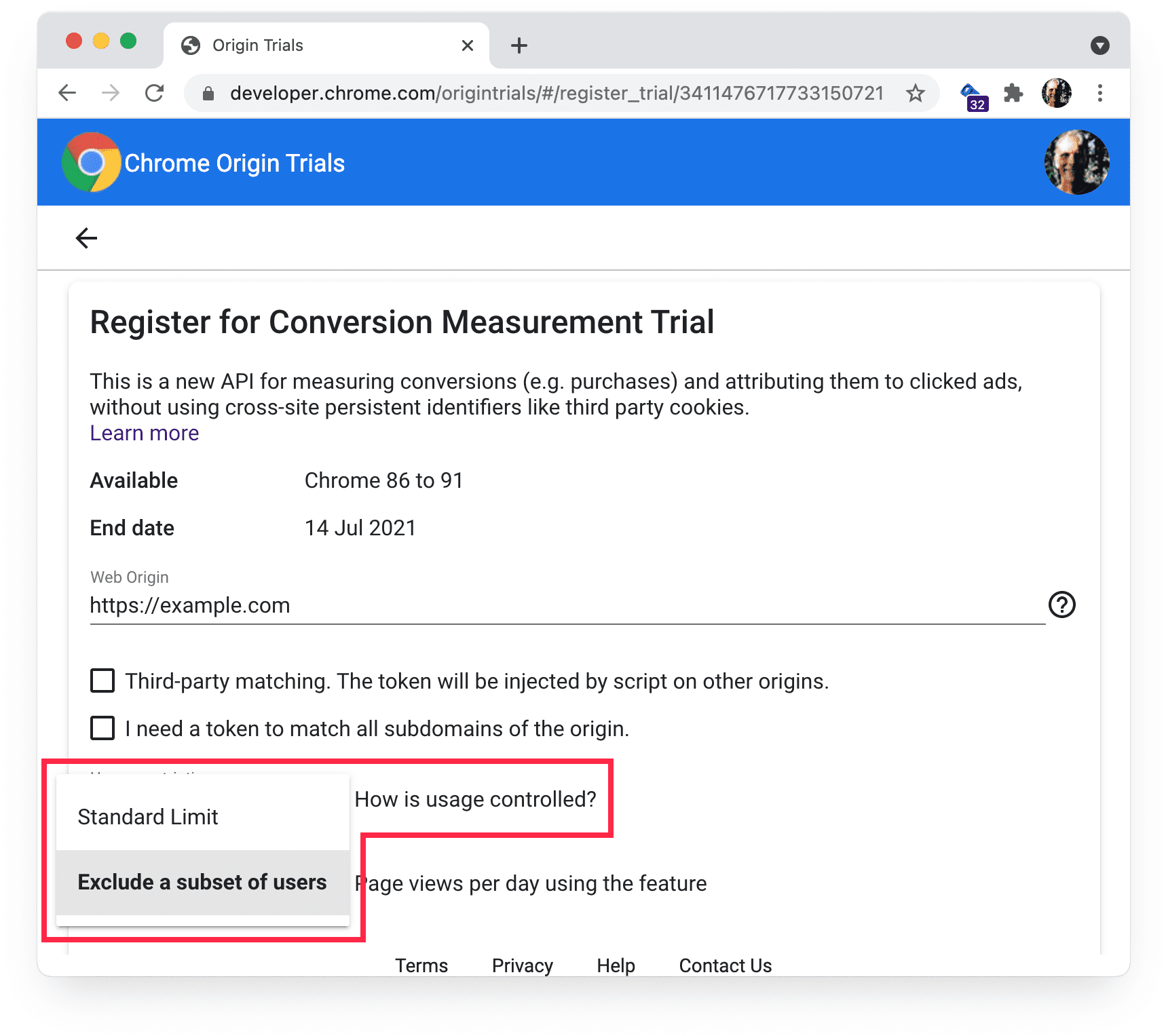 Page d&#39;inscription aux phases d&#39;évaluation de la fonctionnalité Origin Trials de Chrome affichant les restrictions d&#39;utilisation.