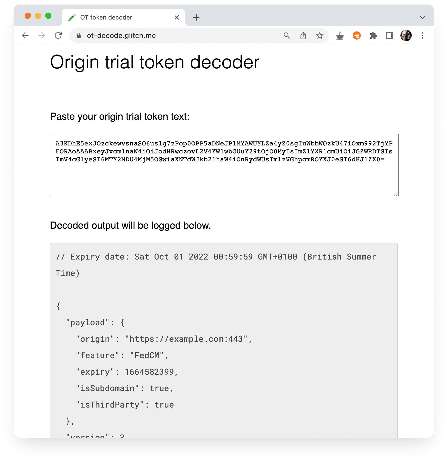 Narzędzie do dekodowania wersji próbnej origin, które pokazuje zdekodowane wartości wersji próbnej origin.