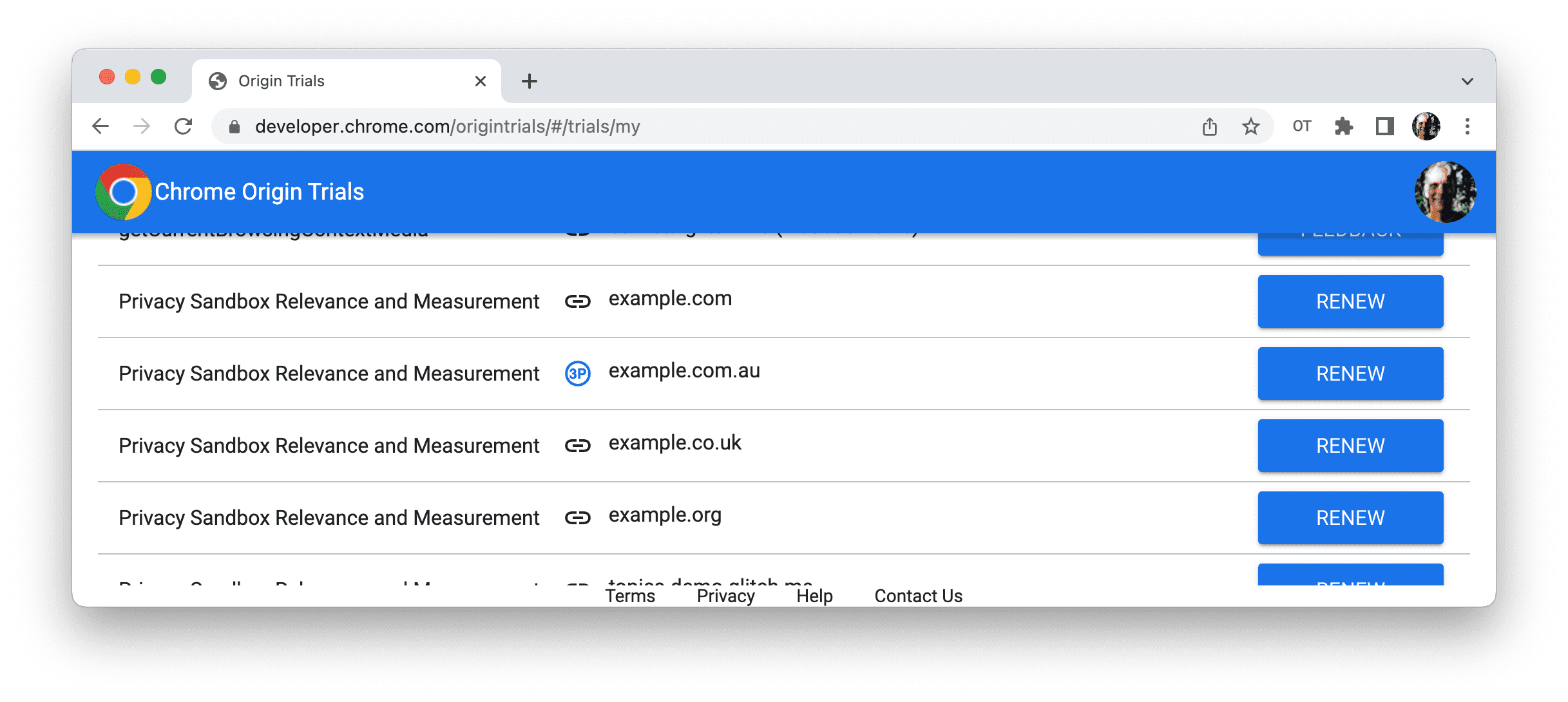 Chrome के ऑरिजिन ट्रायल के &#39;मेरे रजिस्ट्रेशन&#39; पेज का स्क्रीनशॉट, जिसमें &#39;रिन्यू करें&#39; बटन दिख रहा है