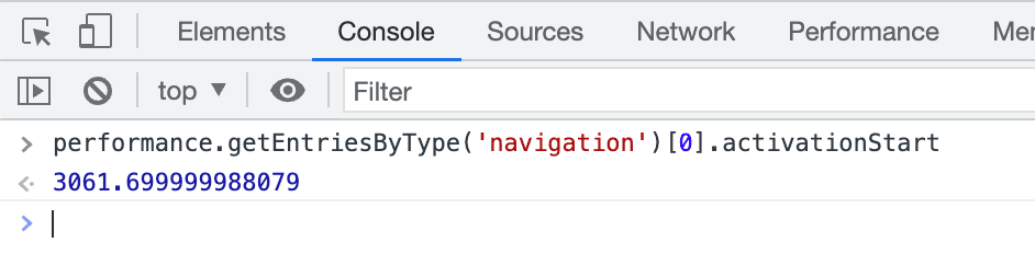 Console in Chrome DevTools che mostra un valore activationStart positivo che indica che la pagina è stata sottoposta a prerendering