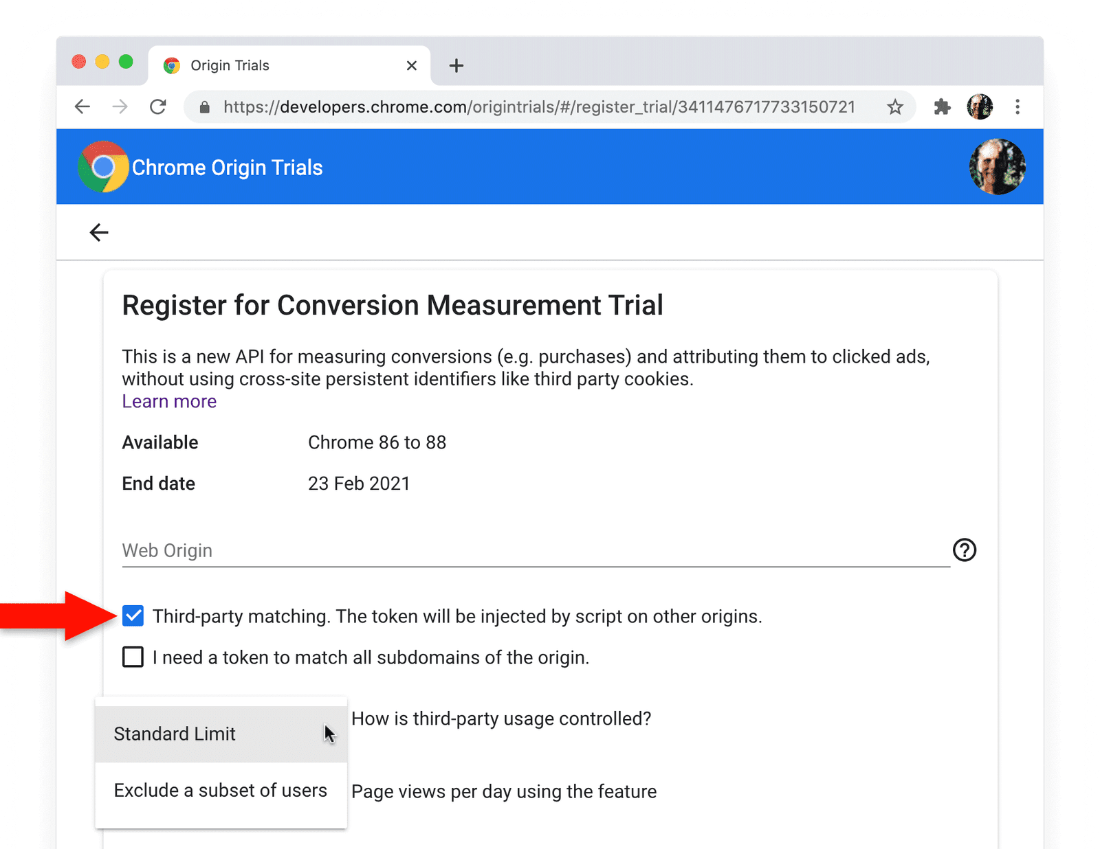 Halaman pendaftaran uji coba origin Chrome untuk Conversion Measurement API, dengan kotak centang pencocokan pihak ketiga dipilih.